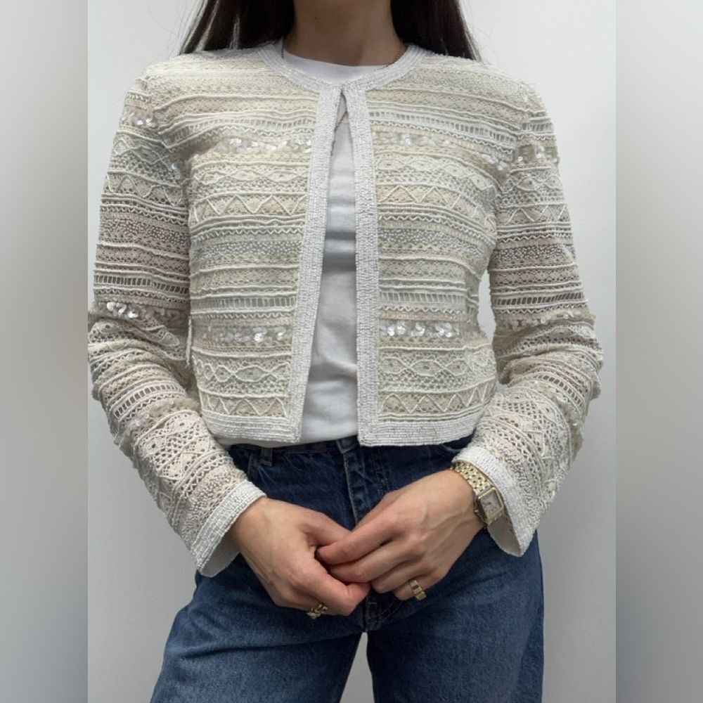 Vintage Riazee Boutique Cream Neiman Marcus Beaded Sequin Lace Blazer Size S